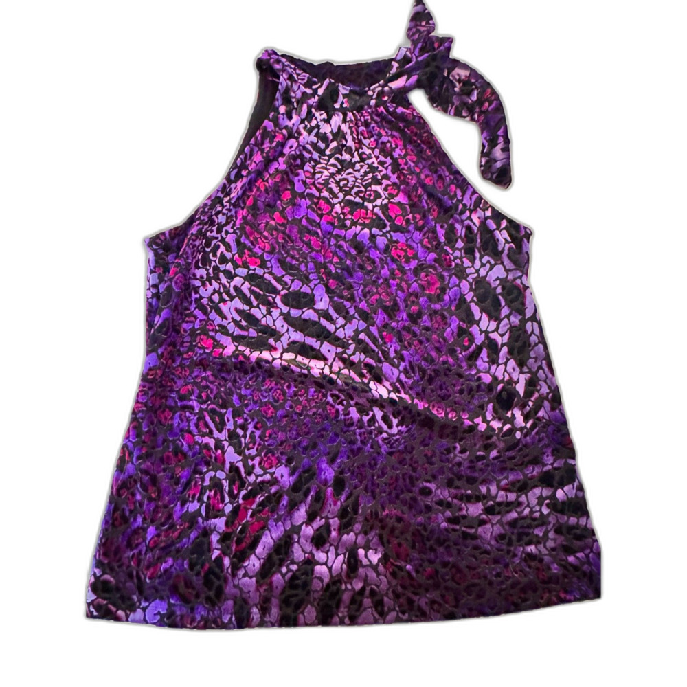 Style & Co Purple Velvet Animal Print Halter Top Size M Neck Tie Y2K Glam - Picture 2 of 5